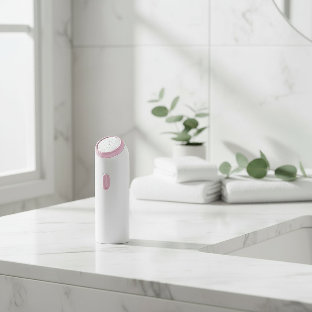 White electronic device with pink accents and a white water bottle on a white background