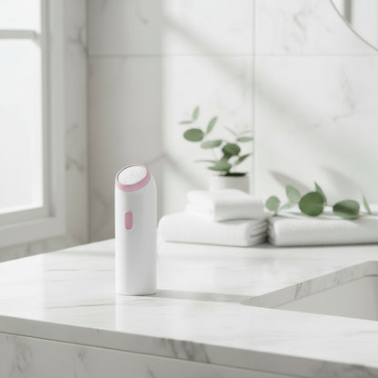 White electronic device with pink accents and a white water bottle on a white background